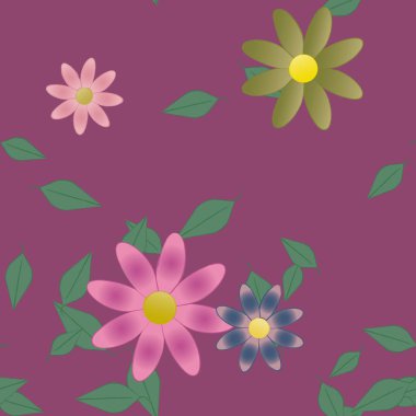 basit renkli çiçekler ve duvar kağıdı yaprakları ile serbest kompozisyon, vektör illüstrasyonu