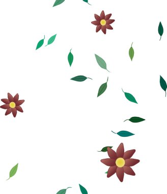 Serbest kompozisyonda yeşil yapraklı basit çiçekler, vektör illüstrasyonu