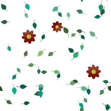 Serbest kompozisyonda yeşil yapraklı basit çiçekler, vektör illüstrasyonu