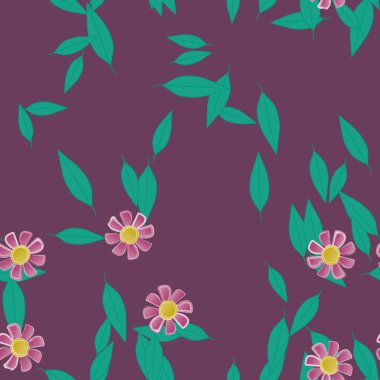 Serbest kompozisyonda yeşil yapraklı basit çiçekler, vektör illüstrasyonu