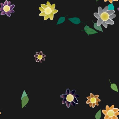 Serbest kompozisyonda yeşil yapraklı basit çiçekler, vektör illüstrasyonu