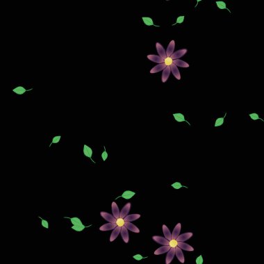 Serbest kompozisyonda yeşil yapraklı basit çiçekler, vektör illüstrasyonu