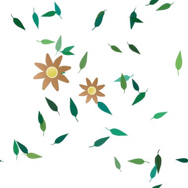 Serbest kompozisyonda yeşil yapraklı basit çiçekler, vektör illüstrasyonu