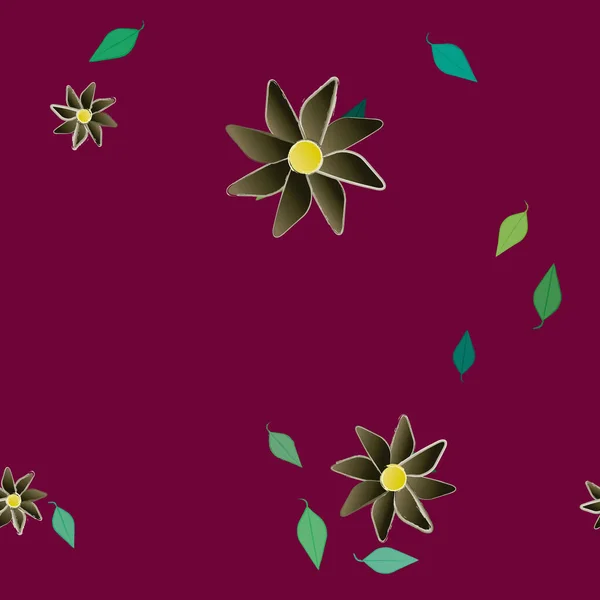 Flores Simples Con Hojas Verdes Composición Libre Ilustración Vectorial — Vector de stock