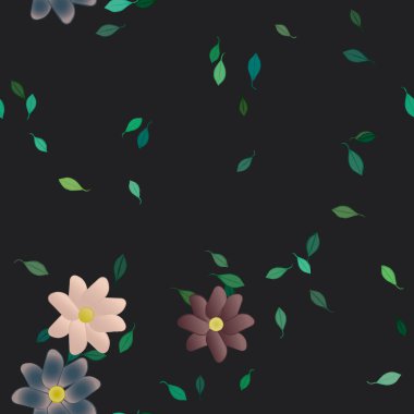 Serbest kompozisyonda yeşil yapraklı basit çiçekler, vektör illüstrasyonu