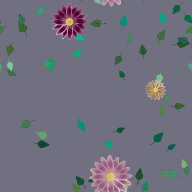 basit renkli çiçekleri olan serbest kompozisyon ve duvar kağıdı için yeşil yapraklar, vektör illüstrasyonu