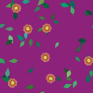 Serbest kompozisyonda yeşil yapraklı basit çiçekler, vektör illüstrasyonu