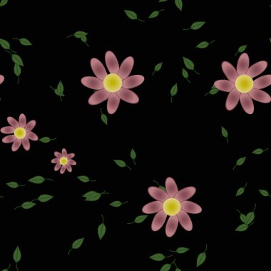 Serbest kompozisyonda yeşil yapraklı basit çiçekler, vektör illüstrasyonu