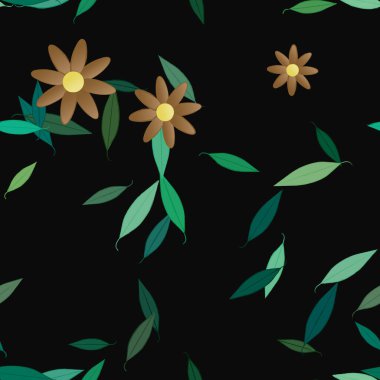 Serbest kompozisyonda yeşil yapraklı basit çiçekler, vektör illüstrasyonu