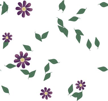 Serbest kompozisyonda yeşil yapraklı basit çiçekler, vektör illüstrasyonu