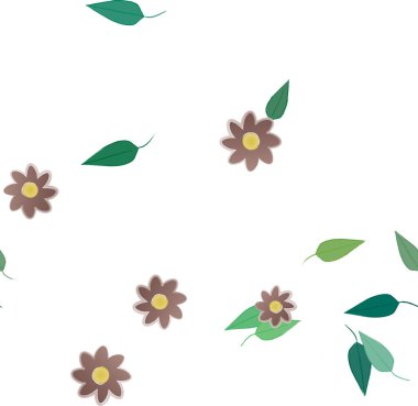 Serbest kompozisyonda yeşil yapraklı basit çiçekler, vektör illüstrasyonu