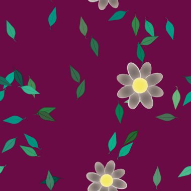 Serbest kompozisyonda yeşil yapraklı basit çiçekler, vektör illüstrasyonu