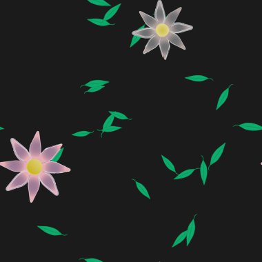 Serbest kompozisyonda yeşil yapraklı basit çiçekler, vektör illüstrasyonu