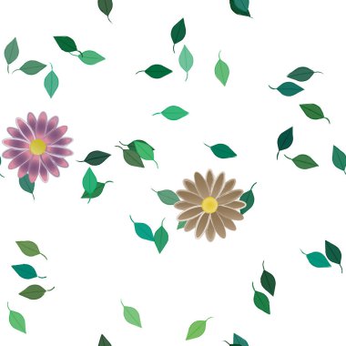 basit renkli çiçekleri olan serbest kompozisyon ve duvar kağıdı için yeşil yapraklar, vektör illüstrasyonu