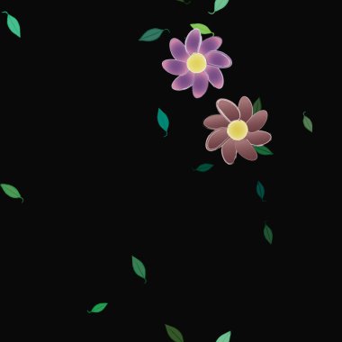 Serbest kompozisyonda yeşil yapraklı basit çiçekler, vektör illüstrasyonu