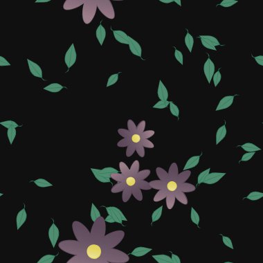 basit renkli çiçekleri olan serbest kompozisyon ve duvar kağıdı için yeşil yapraklar, vektör illüstrasyonu