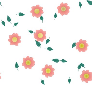 Serbest kompozisyonda yeşil yapraklı basit çiçekler, vektör illüstrasyonu