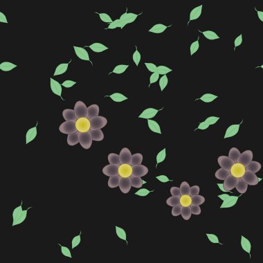 Serbest kompozisyonda yeşil yapraklı basit çiçekler, vektör illüstrasyonu