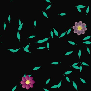 Serbest kompozisyonda yeşil yapraklı basit çiçekler, vektör illüstrasyonu