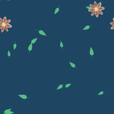 Serbest kompozisyonda yeşil yapraklı basit çiçekler, vektör illüstrasyonu