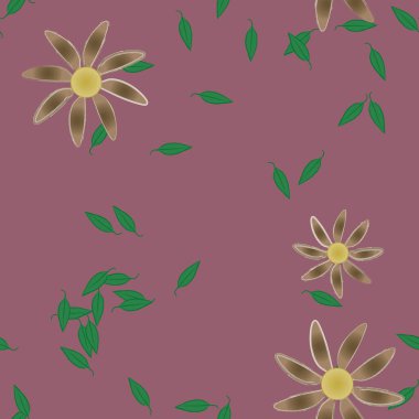 basit renkli çiçekleri olan serbest kompozisyon ve duvar kağıdı için yeşil yapraklar, vektör illüstrasyonu