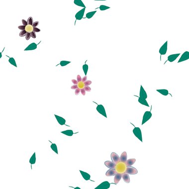 Serbest kompozisyonda yeşil yapraklı basit çiçekler, vektör illüstrasyonu