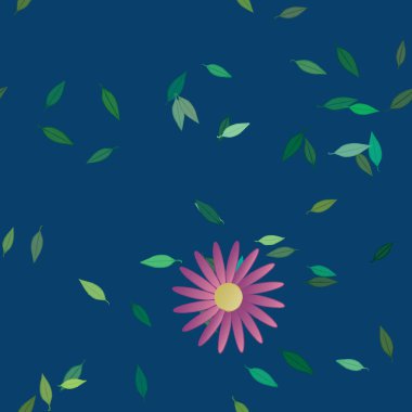 Serbest kompozisyonda yeşil yapraklı basit çiçekler, vektör illüstrasyonu