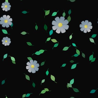 basit renkli çiçekleri olan serbest kompozisyon ve duvar kağıdı için yeşil yapraklar, vektör illüstrasyonu