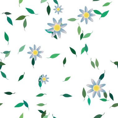 basit renkli çiçekleri olan serbest kompozisyon ve duvar kağıdı için yeşil yapraklar, vektör illüstrasyonu