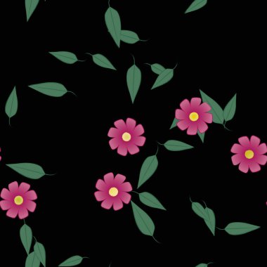 Serbest kompozisyonda yeşil yapraklı basit çiçekler, vektör illüstrasyonu