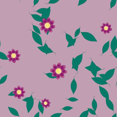 basit renkli çiçekleri olan serbest kompozisyon ve duvar kağıdı için yeşil yapraklar, vektör illüstrasyonu