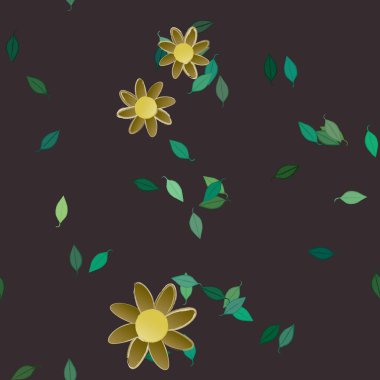 Serbest kompozisyonda yeşil yapraklı basit çiçekler, vektör illüstrasyonu