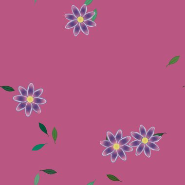 basit renkli çiçekleri olan serbest kompozisyon ve duvar kağıdı için yeşil yapraklar, vektör illüstrasyonu