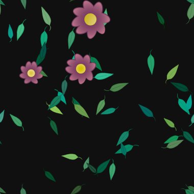 Serbest kompozisyonda yeşil yapraklı basit çiçekler, vektör illüstrasyonu