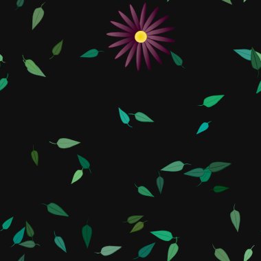 Serbest kompozisyonda yeşil yapraklı basit çiçekler, vektör illüstrasyonu