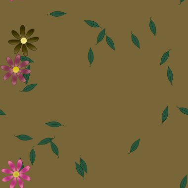 Serbest kompozisyonda yeşil yapraklı basit çiçekler, vektör illüstrasyonu