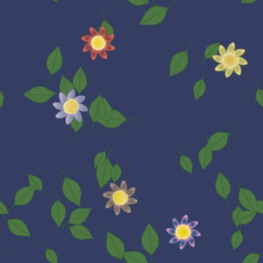 basit renkli çiçekleri olan serbest kompozisyon ve duvar kağıdı için yeşil yapraklar, vektör illüstrasyonu