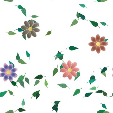 Serbest kompozisyonda yeşil yapraklı basit çiçekler, vektör illüstrasyonu