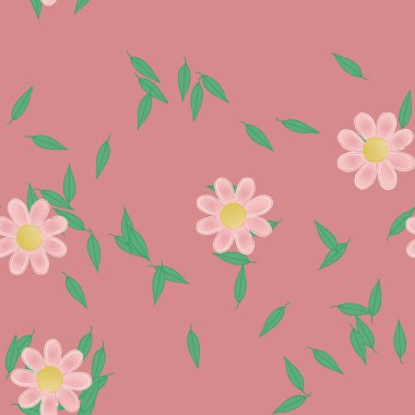 Serbest kompozisyonda yeşil yapraklı basit çiçekler, vektör illüstrasyonu