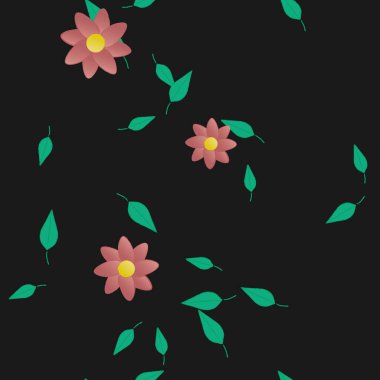 Serbest kompozisyonda yeşil yapraklı basit çiçekler, vektör illüstrasyonu