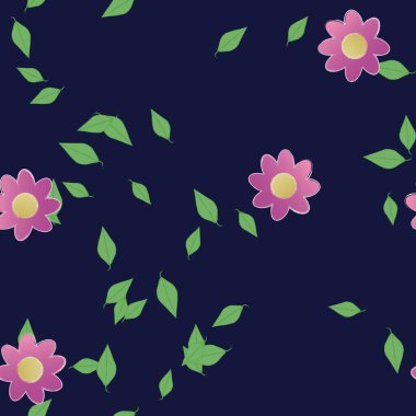 Serbest kompozisyonda yeşil yapraklı basit çiçekler, vektör illüstrasyonu