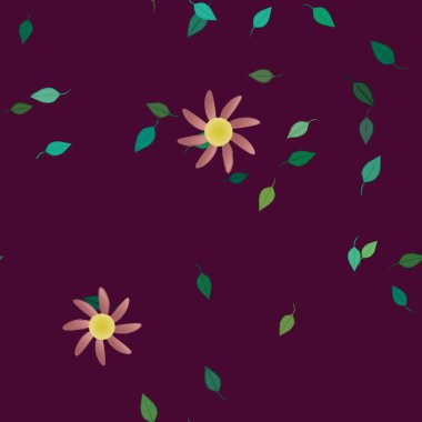 Serbest kompozisyonda yeşil yapraklı basit çiçekler, vektör illüstrasyonu