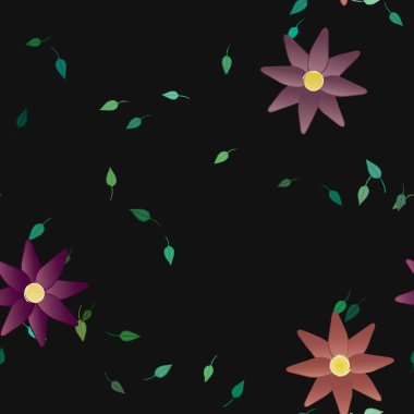 Serbest kompozisyonda yeşil yapraklı basit çiçekler, vektör illüstrasyonu