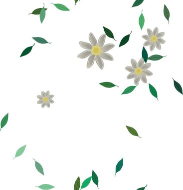 Serbest kompozisyonda yeşil yapraklı basit çiçekler, vektör illüstrasyonu