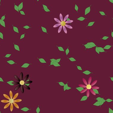 Serbest kompozisyonda yeşil yapraklı basit çiçekler, vektör illüstrasyonu