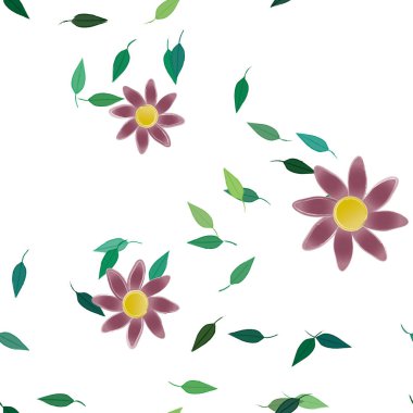 Serbest kompozisyonda yeşil yapraklı basit çiçekler, vektör illüstrasyonu