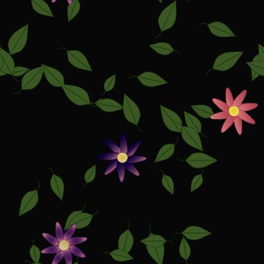 basit renkli çiçekler ve duvar kağıdı yaprakları ile serbest kompozisyon, vektör illüstrasyonu