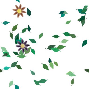 basit renkli çiçekleri olan serbest kompozisyon ve duvar kağıdı için yeşil yapraklar, vektör illüstrasyonu