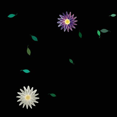 Serbest kompozisyonda yeşil yapraklı basit çiçekler, vektör illüstrasyonu