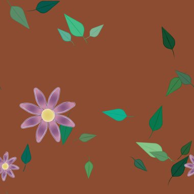 Serbest kompozisyonda yeşil yapraklı basit çiçekler, vektör illüstrasyonu